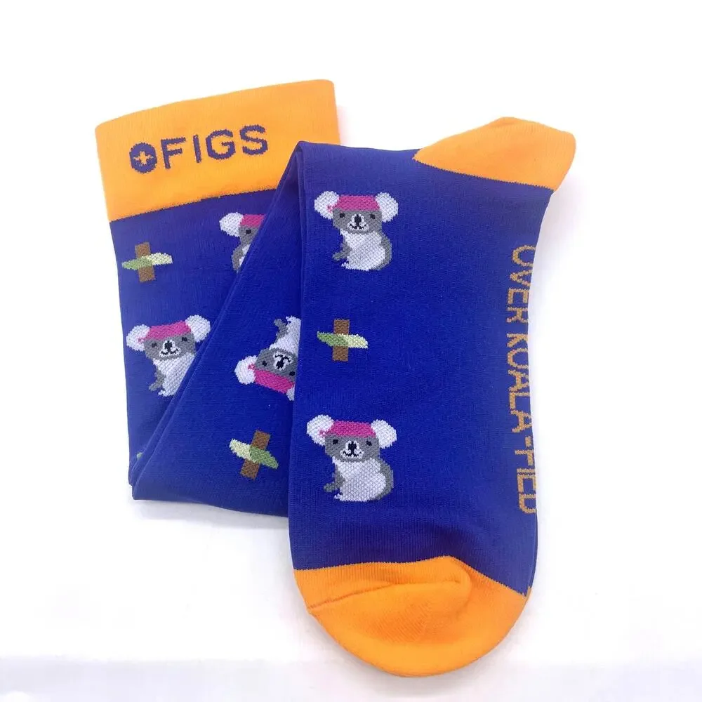 1 Pair FIGS Compression 'Koala' Blue & Yellow Socks Size Large